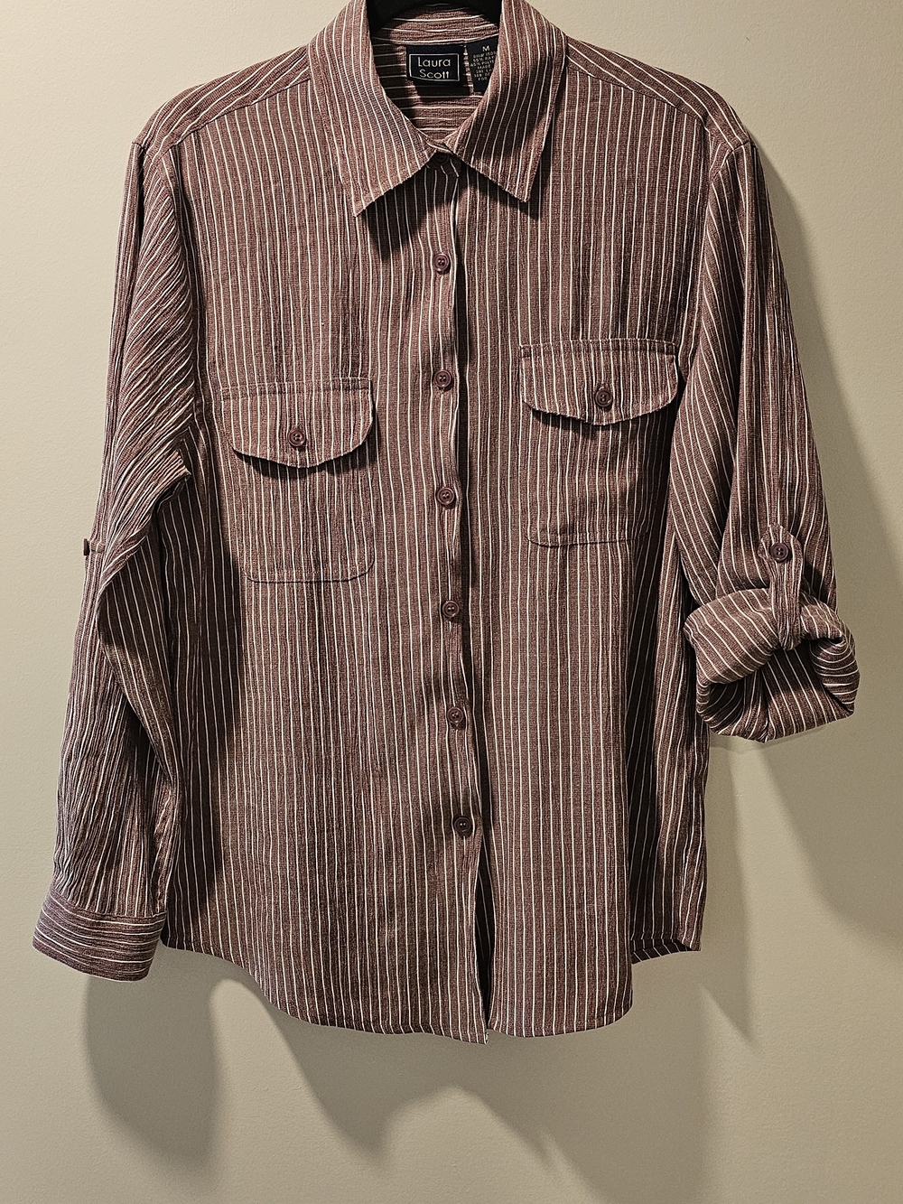 Laura Scott Women's Burgundy and White Striped Button-Down Shirt
